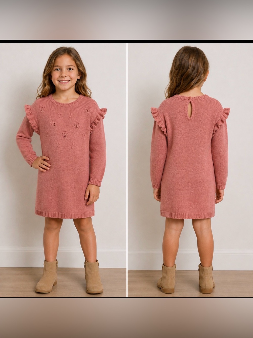 Lucky Penny Girls Sz 6 Pink Knit Sweater Dress ruffle Sleeves Distressed Detail